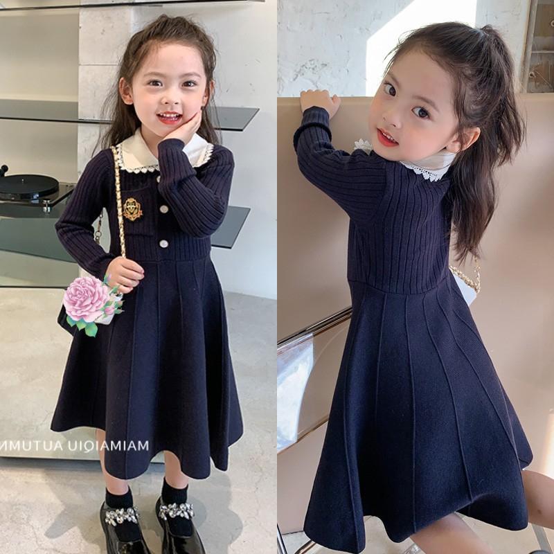Girls' Spring and Autumn College Style Dress Sweater Children's Long Sleeve Lapel
