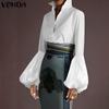 Women Fashion Lapel Lantern Long Sleeve Solid Color Shirt