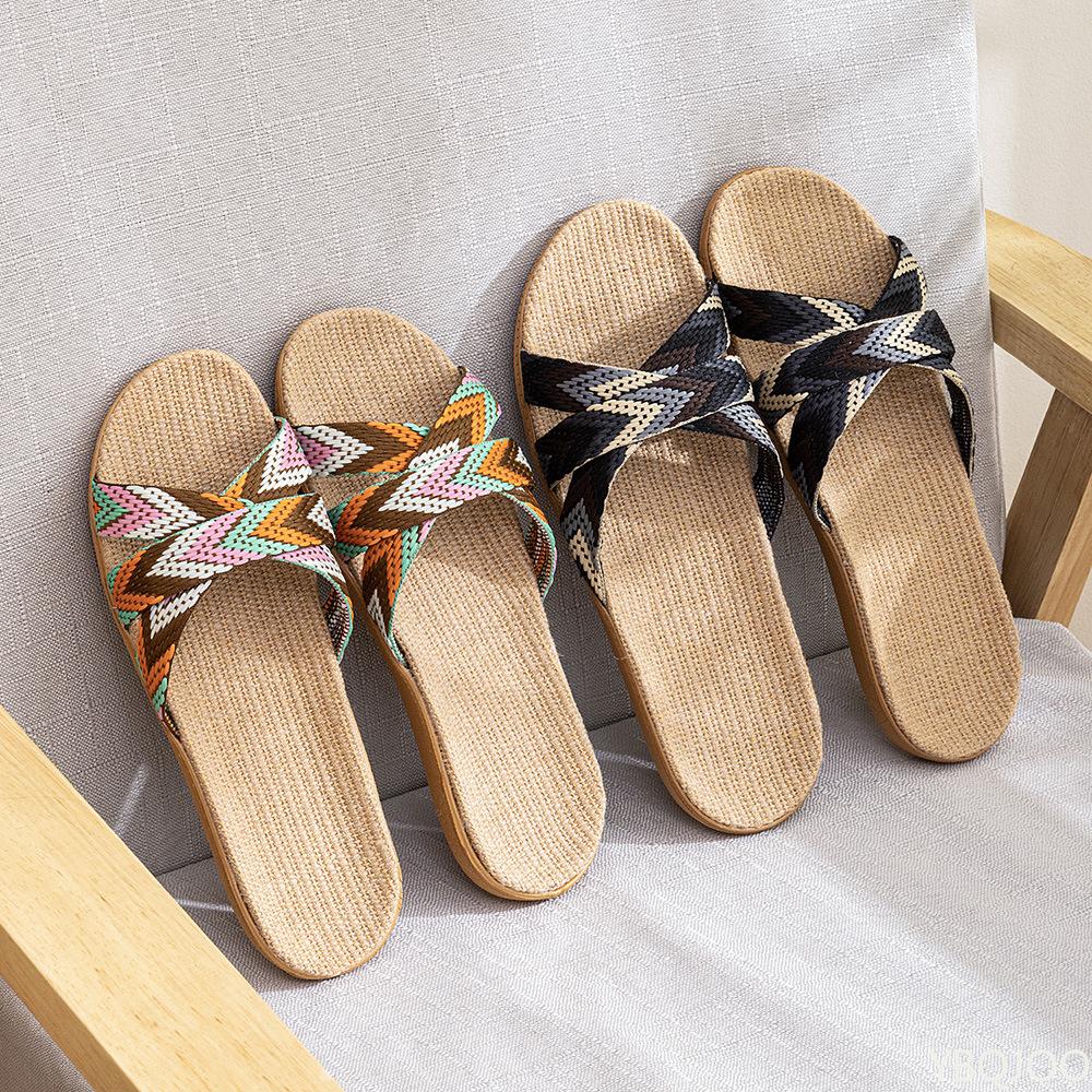 Fashion New Women's Home Indoor Slippers Women Lightweight Linen Shoes Couple Anti Slip Thick Bottom Slippers Comfortable Couple Sandals