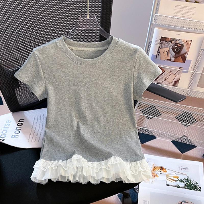 Женская кружевная футболка с короткими рукавами, летняя, облегающая, с базовой рубашкой, топ в стиле пэчворк