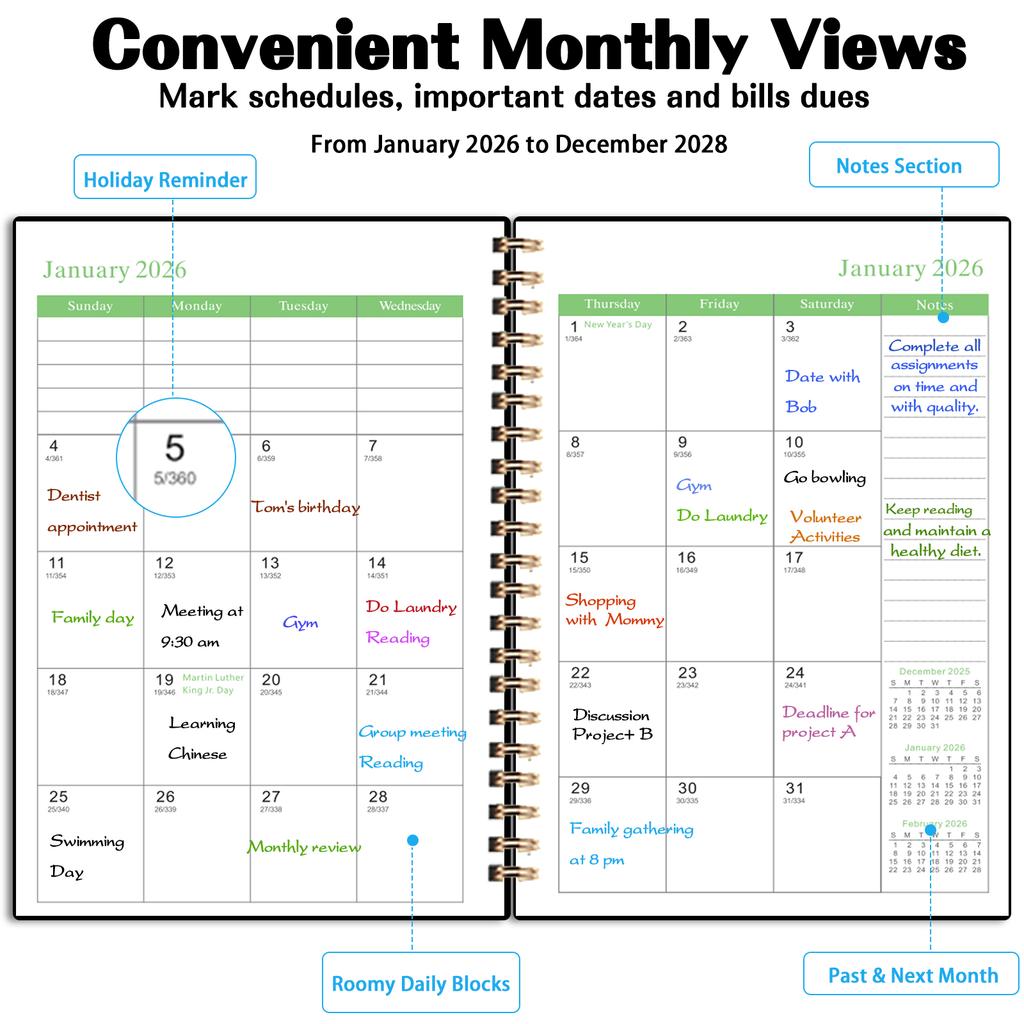 Планировщик месячного календаря на 2026-2028 годы, Органайзер месячного расписания на 3 года