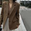 Retro Woolen Plaid Suit Coats Women Lapel Single Breasted Blazer Jackets Autumn Simple Elegant High Street Outwear
