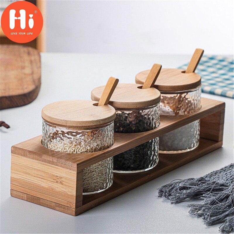 Привет японский кованый стеклянный набор баночек для специй с бамбуковой полкой, коробка для приправ, кухонные инструменты, солонка, бутылка для хранения сахара