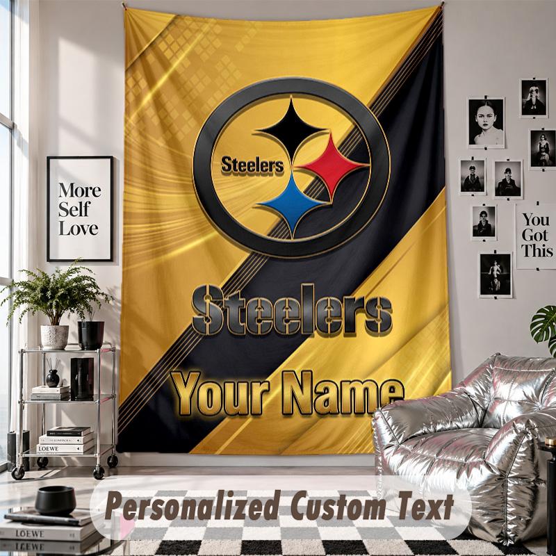 Wall Hanging Tapestry With Custom Name & Text, Pittsburgh Steelers Decorative Tapestry For Bedroom