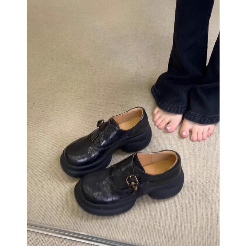 Leather round head belt buckle platform small leather shoes women's British style retro small single shoes velvet