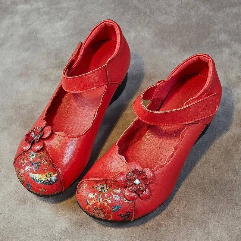 Johnature Женская обувь из натуральной кожи с принтом в этническом стиле, туфли-лодочки в стиле ретро с круглым носком, на толстом каблуке и на мягкой подошве