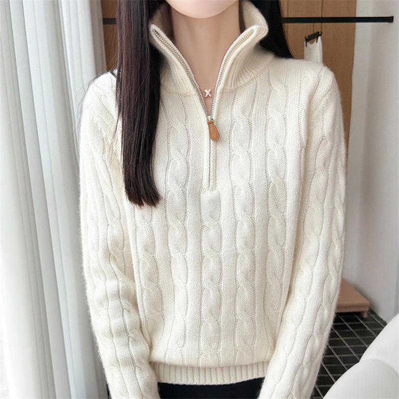 Fashionable Lapel Pure Wool Cable Knit Zipper Sweater - Loose Fit, Simple Long Sleeve Knitwear Top