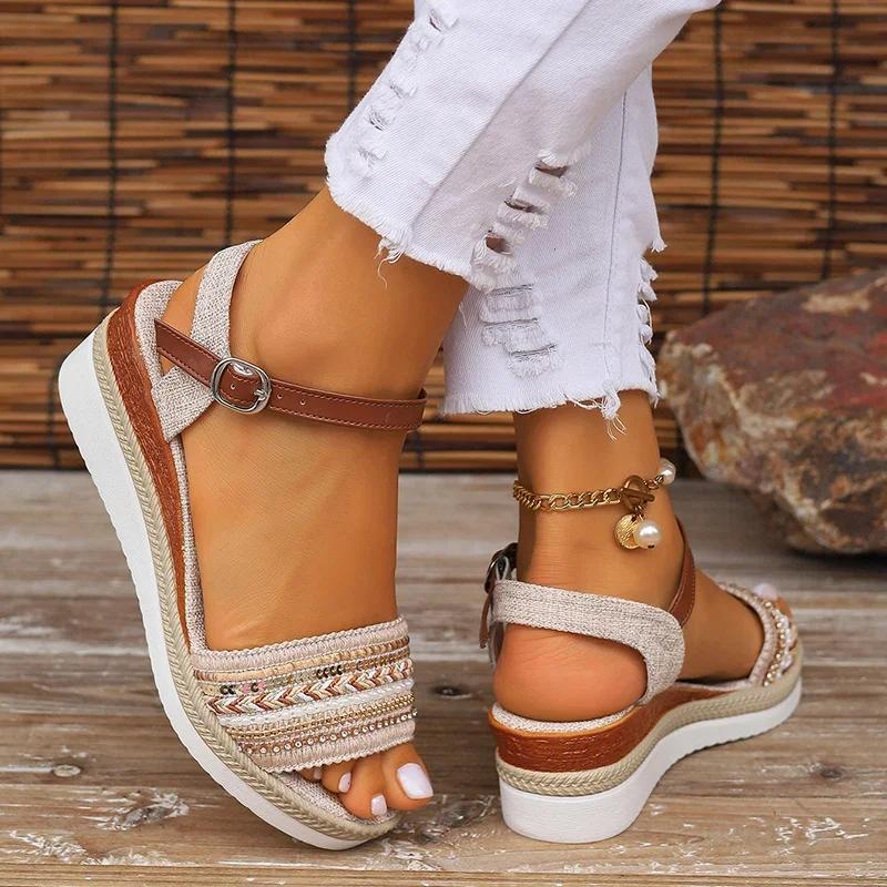Women's Braided Casual Sandals Buckle Strap Platform Wedge Sandles for Women 2024 Summer Light Non Slip Walking Sandalias Mujer