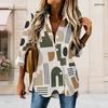 Women Plus Size Printed Collared Long Sleeve Shirt Red Black White Button Front High Low Curved Hem