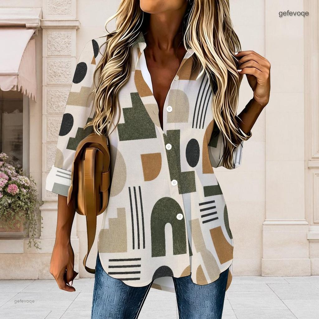 Women Plus Size Printed Collared Long Sleeve Shirt Red Black White Button Front High Low Curved Hem