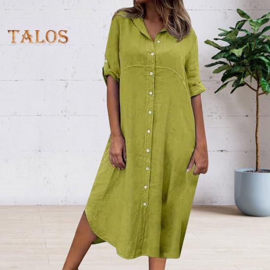 Летнее женское платье, однобортное, с коротким рукавом, с отложным воротником, свободное однотонное платье с пуговицами, повседневное платье-миди