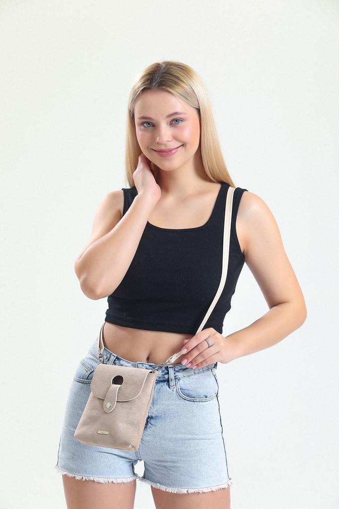 Женская стильная и полезная сумка на плечо Бежевая замшевая сумка для телефона с перекрестным ремешком