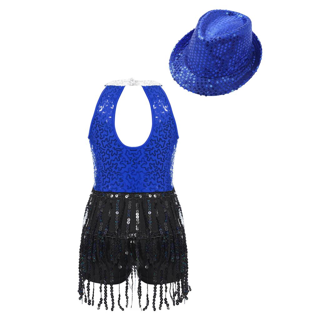 Girls Sleeveless Sequin Jumpsuit Keyhole Back Design Jazz Performance Competition Outfit Matching Hat