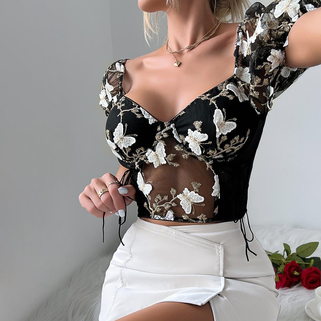 Casual V Neck  Shirt  Mesh Short Sleeve Crop Top Women Embroidered ButterflyT-shirt  Backless Tank Top Slim Female Crop Top Fashion Tee Shirt Y2k