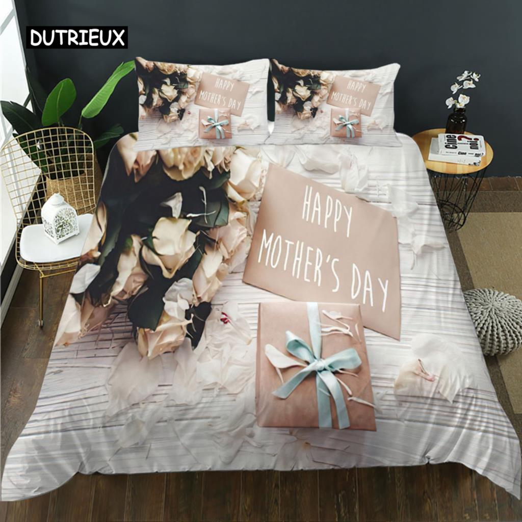 Mother's Day King Queen Duvet Cover Express Love for Mom Wife Bedding Set Colorful Floral Quilt Cover Polyester Comforter Cover