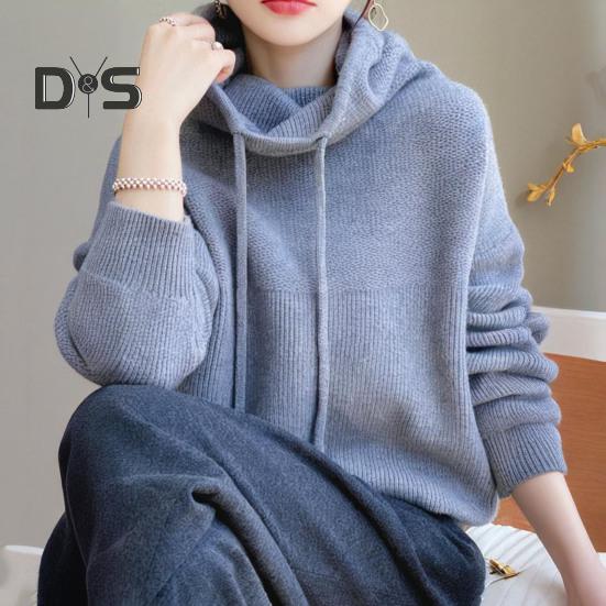 Женский свитер с ворсовым воротником, капюшоном и завязками, длинный рукав, трикотажные топы, однотонный повседневный свободный трикотаж