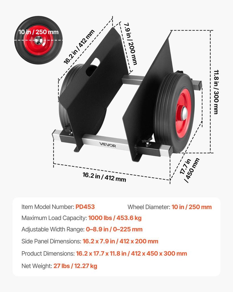 Panel Dolly, 453.6 kg Load Capacity, Drywall Mover with 25 cm Rubber Wheels Fits Different Terrain, Adjustable Clamp Panel Cart for Steel Panels,