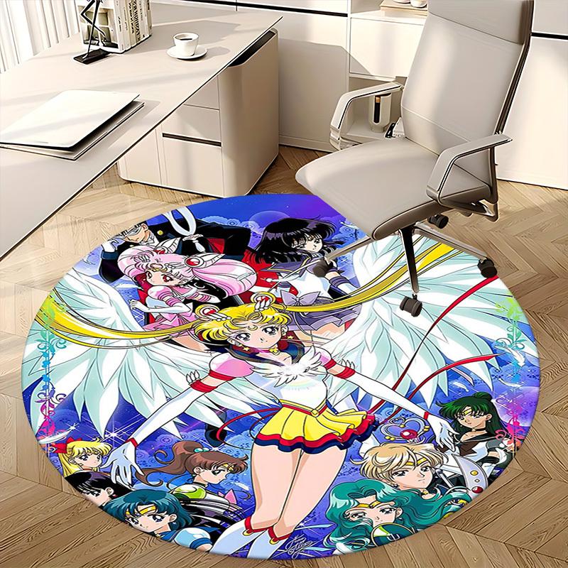 1pc Sailor Moon Anime Cartoon Design Round Carpet Office Chair Mat, NonSlip Rug for Home Decor, Living Room, Bedroom, Game Room