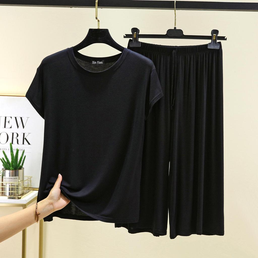 Женский повседневный комплект больших размеров из модала с коротким рукавом - Корейский стиль, брюки с широкими штанинами, двухпредметная домашняя одежда