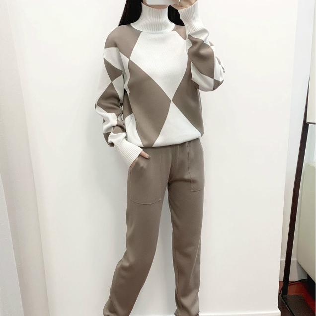 Geomatric женские свитера костюмы комплекты осень-зима толстые мягкие трикотажные комплекты пуловеры длинные брюки повседневный спортивный костюм из 2 предметов