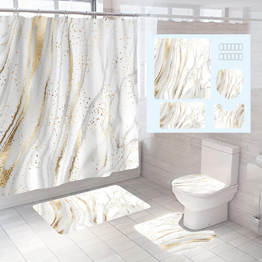 4 шт. Платиновая мраморная занавеска для душа с 12 крючками Нескользящий коврик для ванной комнаты Полный набор декора для ванной комнаты с накладкой на крышку унитаза и ковриком U-образной формы