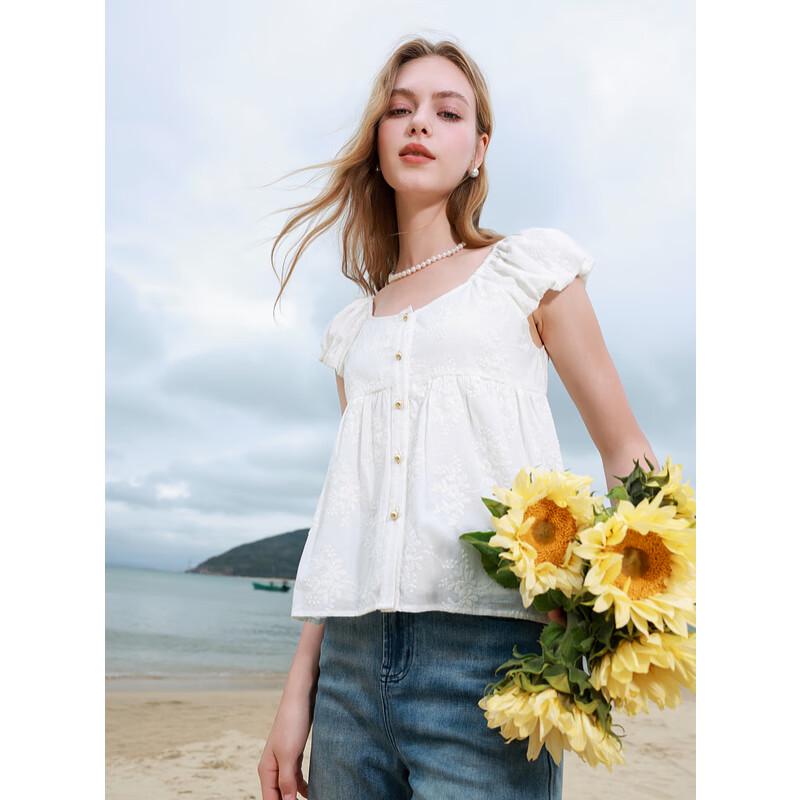 Sancai Women's Embroidered Cotton Babydoll Flutter Sleeve Top