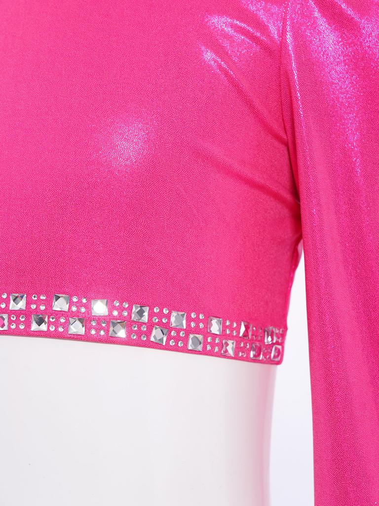 Girls Jazz Dance Top Mock Neck Long Sleeves with Invisible Zipper Back Shiny Rhinestones Metallic Dancewear