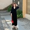 Hepburn Style Gold Velvet Dress: 2024 Autumn French Retro V-Neck, Puff Sleeve, Waist Long Dress