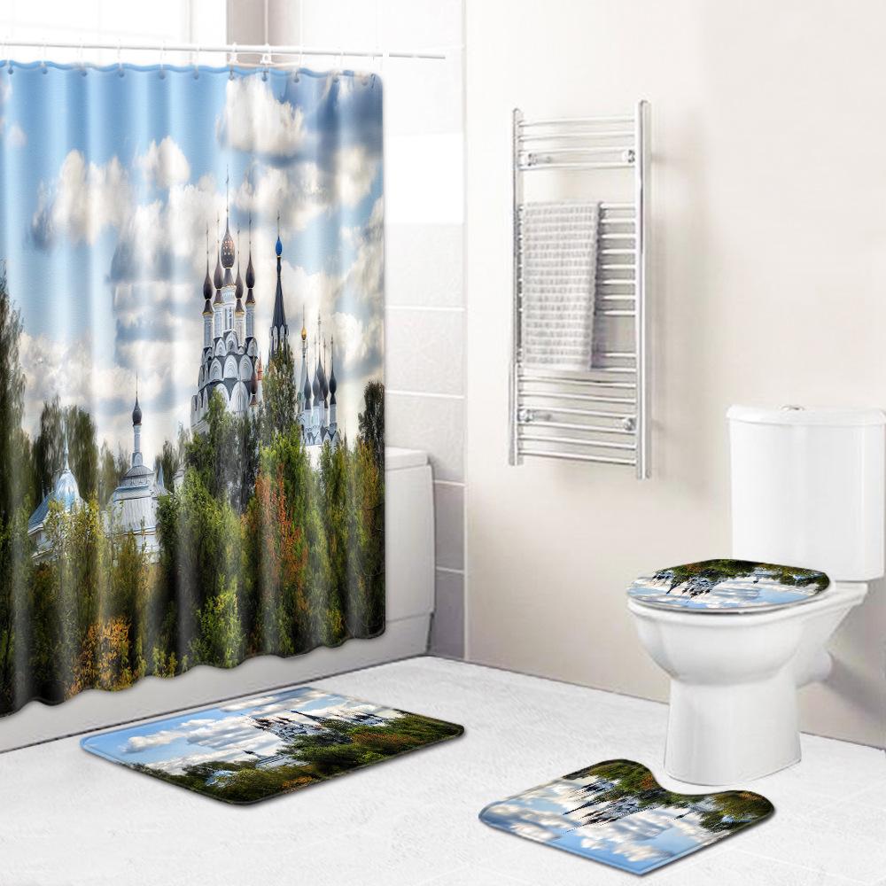 Landscape Shower Curtain Floor Mat Combination Four-Piece Set Bathroom Toilet Carpet Shower Room Mat Foot Mat