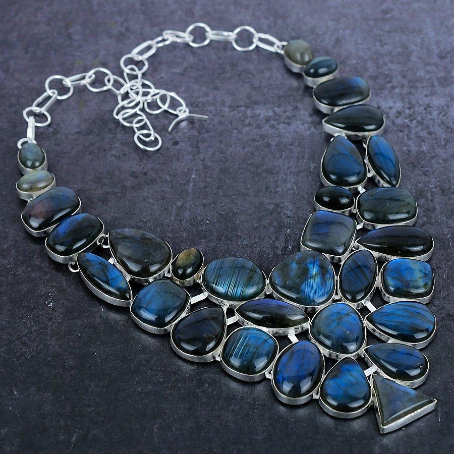 Ювелирное ожерелье из серебра 925 пробы с драгоценным камнем лабрадоритом 18 дюймов r3S71