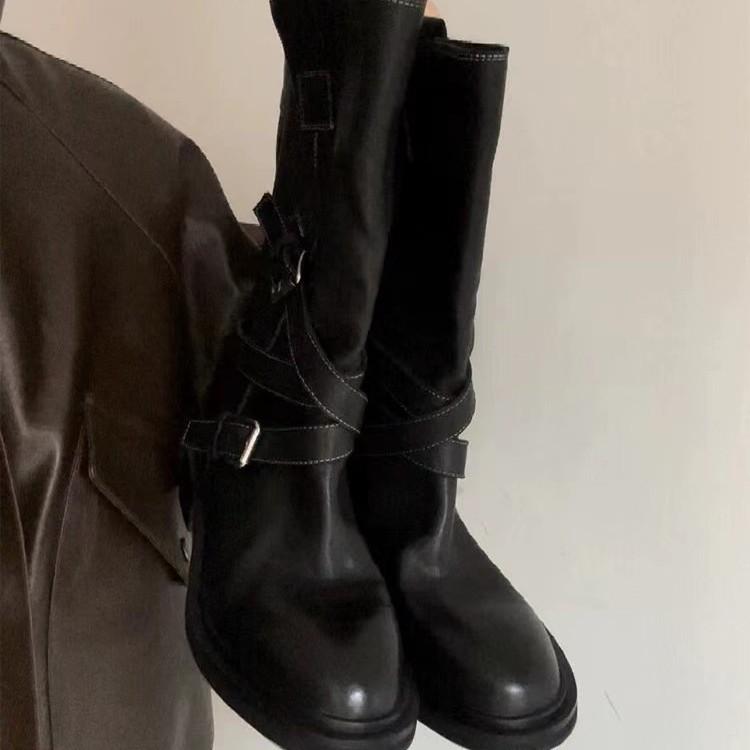 Версия из коровьей кожи~ ретро пряжка на ремне полусапоги ковбойские сапоги в западном стиле облегающие на толстой подошве сапоги для жарки улицы женские рыцарские сапоги