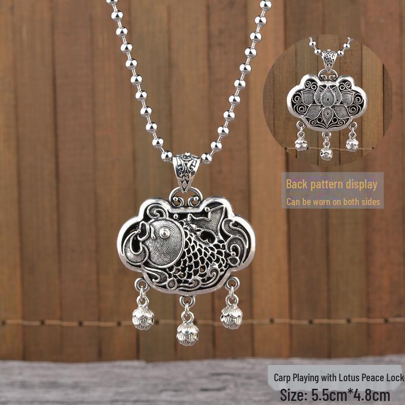 Retro Silver Peace Lock Pendant Necklace - Four-sided Wealth Women's Long Sweater Chain In National Style