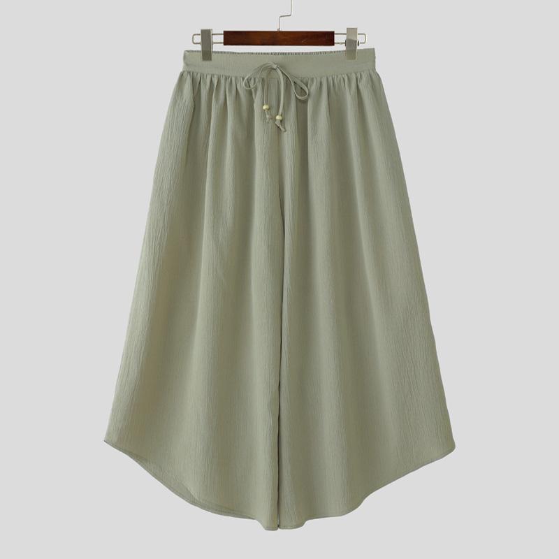 INCERUN Винтажные мужские эластичные брюки с завязками на талии, однотонные, с текстурой нерегулярного цвета, укороченные, свободные