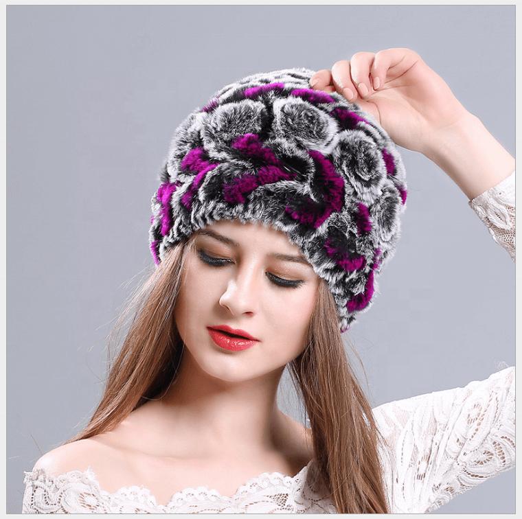 Russian Rex Rabbit Fur Hat Hand Made Knitted Beanies Soft Snow Hats