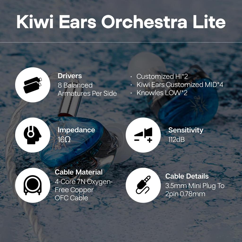 LINSOUL Kiwi Ears Orchestra Lite 8BA Hybrid HiFi Earphones, Ergonomic Design, 0.78mm 2-Pin Connector & 3.5mm Stereo Plug, Over-Ear Style, 4-Core 7N