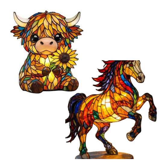 Cute Highland Cow Night Light 3D Resin Stained Glass Cow Table Lamp Rustic Animal Sunflower Bedside Lamp for Home Office Bedroom Living Room Desk