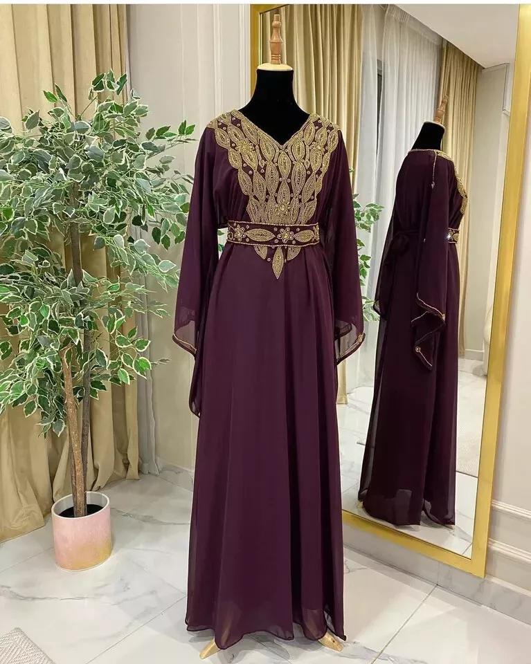 Wine Islamic Dubai Stylish Abaya Farasha Moroccan Kaftan Gown Dress Long Dress