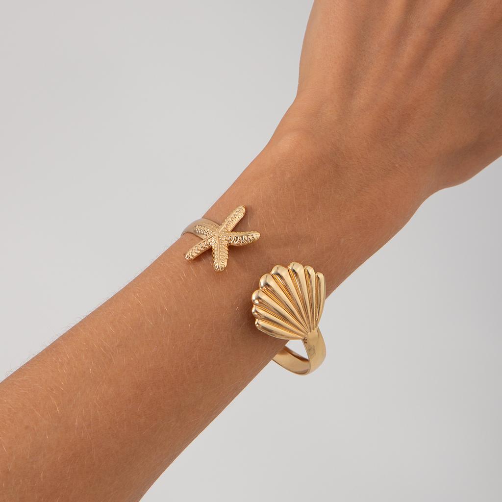 SHIXIN Bohemian Starfish Scallop Open Bangle for Women Fashion Smooth Metal Cuff Bracelet Hand Decoration Summer Beach Jewelry