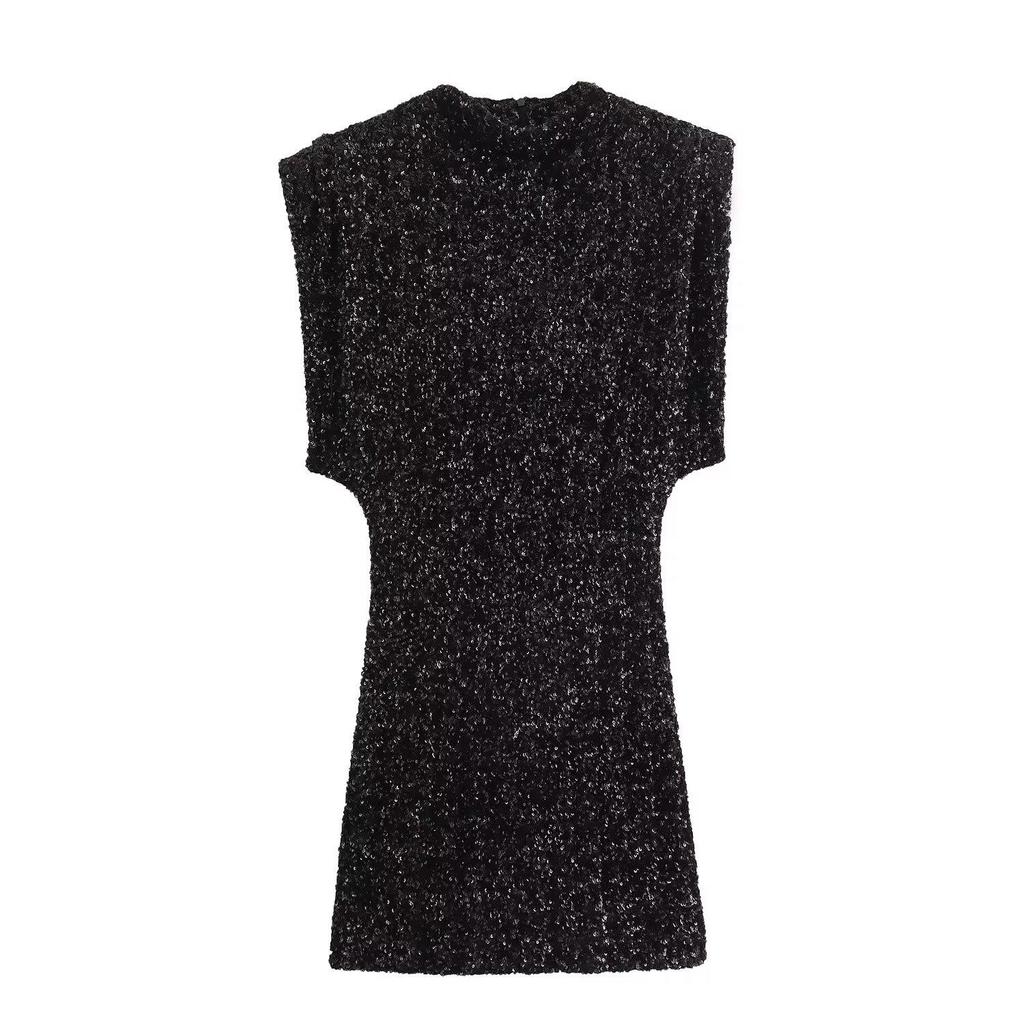 Y2K Winter Black Sequin Mini Dress with Shoulder Pads - Sleeveless Evening Wear