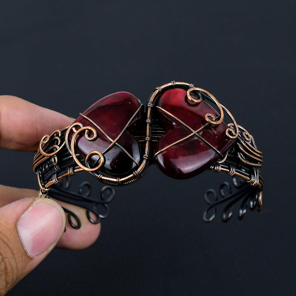 Red Flash Labradorite Gemstone Pure Copper Wire Wrapped Handmade Cuff/ Bangle Jewelry For Gift