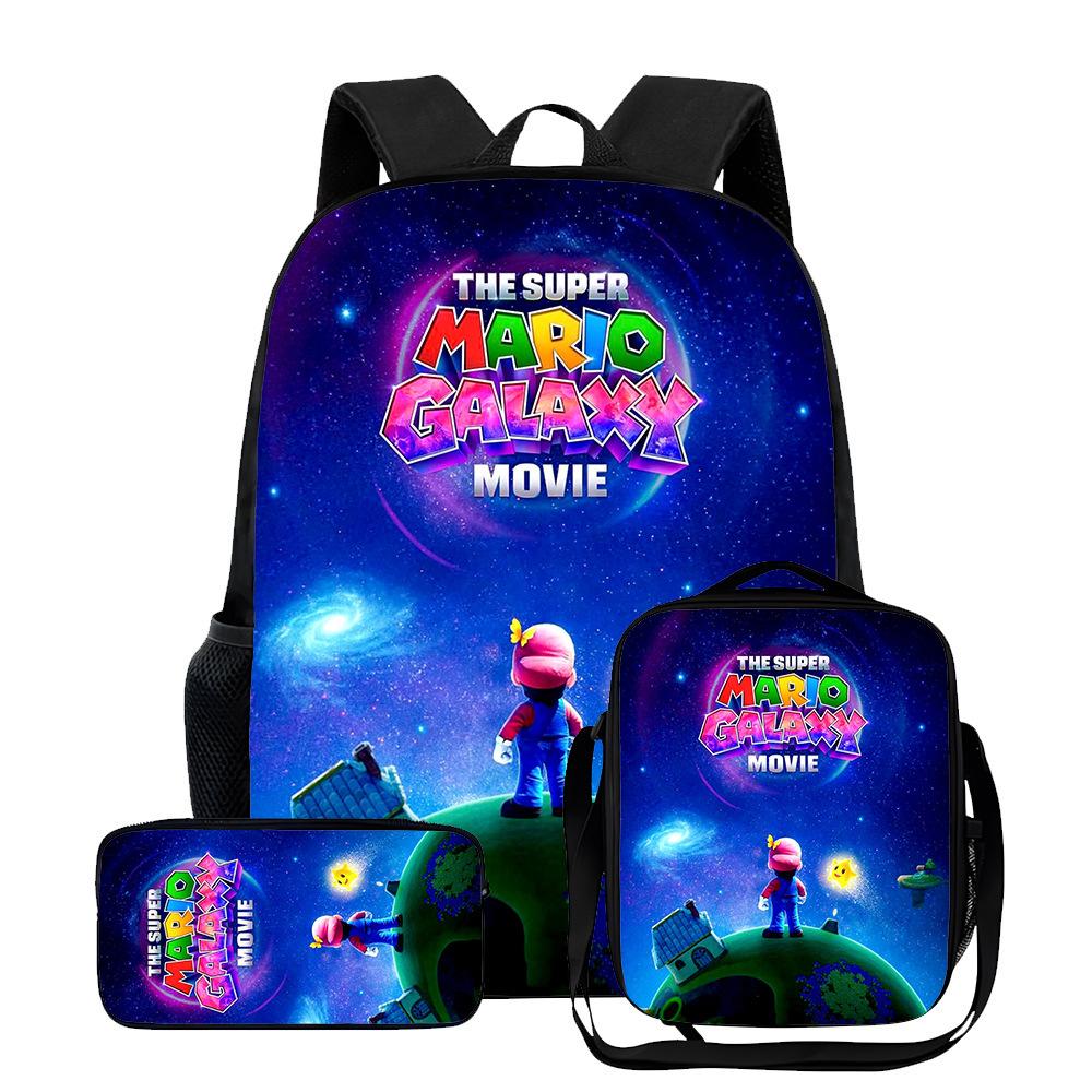 New Mario cartoon backpack, three-piece set for primary and secondary school students, school bag, backpack, shoulder bag, pencil case.