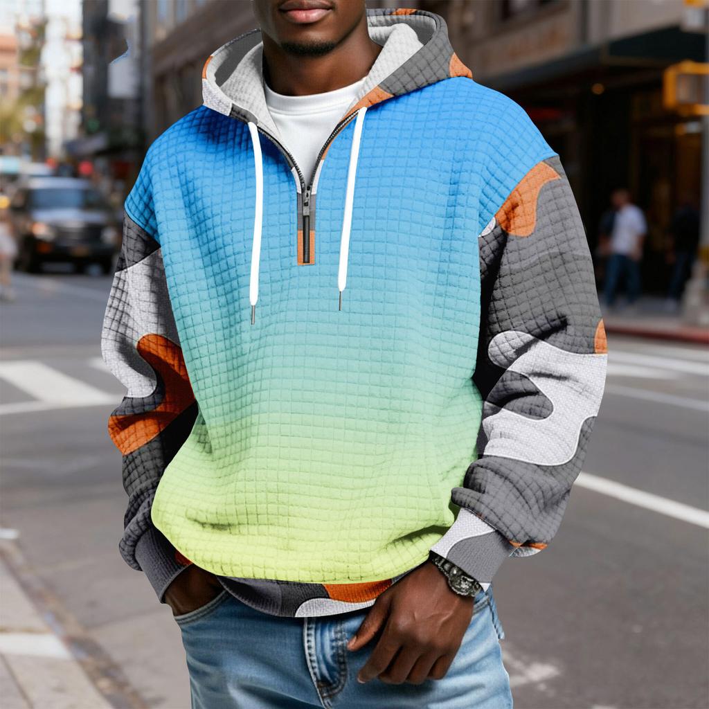 Мужской худи-пуловер в клетку с капюшоном на молнии до середины, со шнурком и принтом, повседневная спортивная толстовка