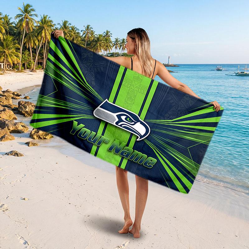 Seattle Seahawks Customized Name Text Beach Towel, Soft Absorbent Towel Beach Pool Travel Personal Gift