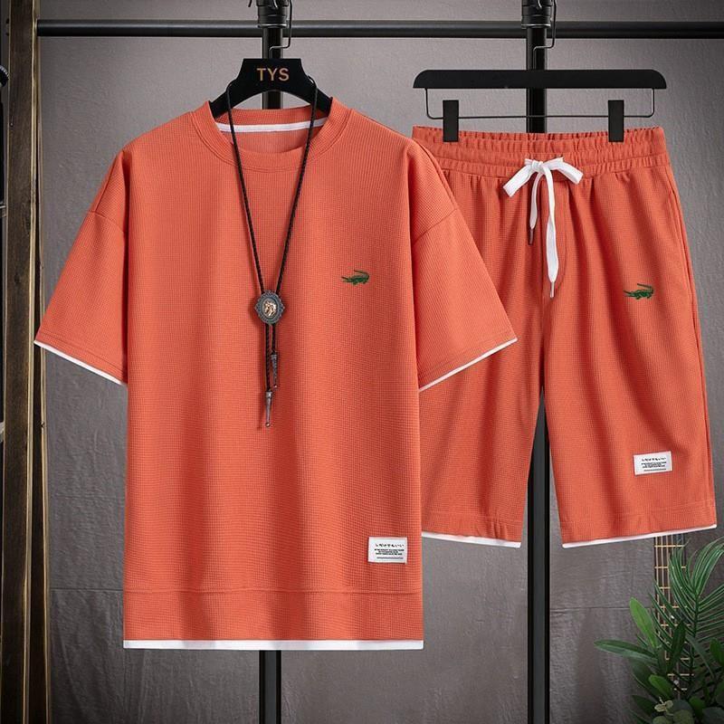 8 Colors S-4XLCasual Suit Summer New Waffle Loose Casual Two-piece Set Cross-border Sports Suit Men's Short Sleeves