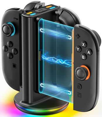 С зарядными держателями для Nintendo Switch, вмещает 4, включает 9 режимов RGB, 2 зарядки, предотвращает аксессуары Switch [Совместимо 2] Подставка для Joy-Con, Joy-Cons, Свет,