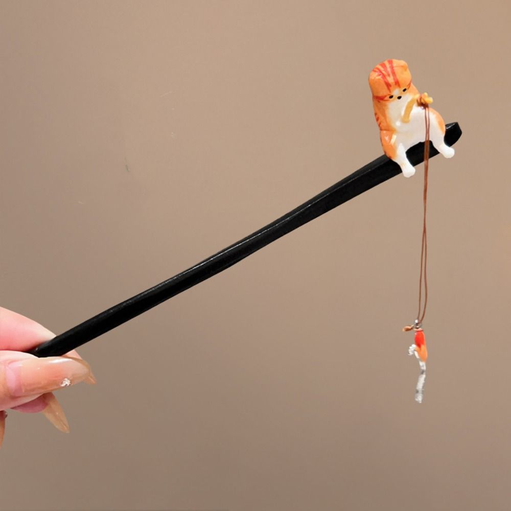Tassel Wooden Hair Stick Cat Fishing Hanfu Hairpin Retro   for Women