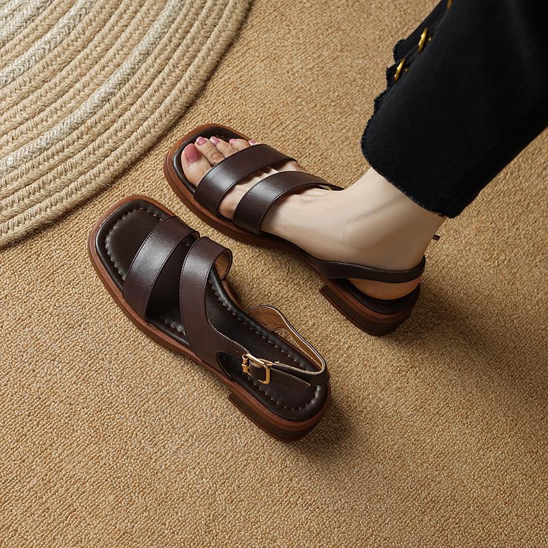 2024 Новые женские сандалии в стиле ретро-гладиаторы, повседневные туфли-лодочки из натуральной кожи на низком каблуке, офисная женская обувь, женская летняя мода, лаконичная