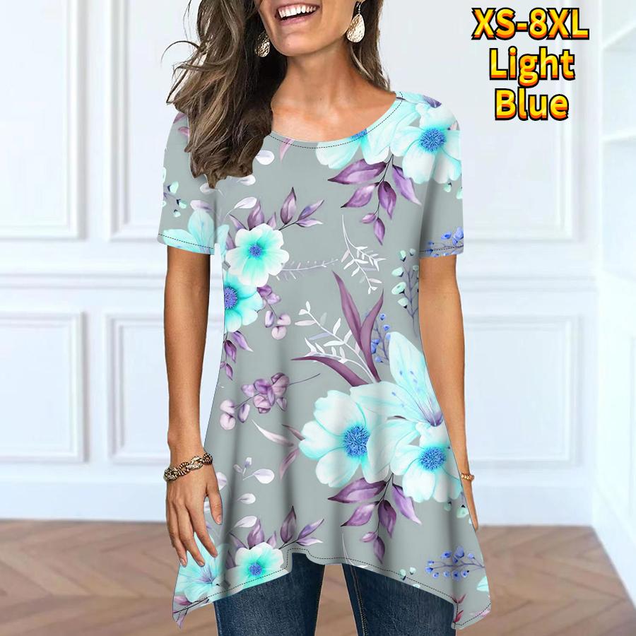 Летняя женская модная и удобная уличная одежда. Базовая повседневная одежда с короткими рукавами и круглым вырезом под открытым свободным топом XS-8XL.