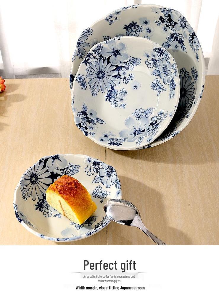 Керамическая миска Mino Ware, расписанная вручную в сине-белых тонах - Японская рельефная посуда для суши и супа.