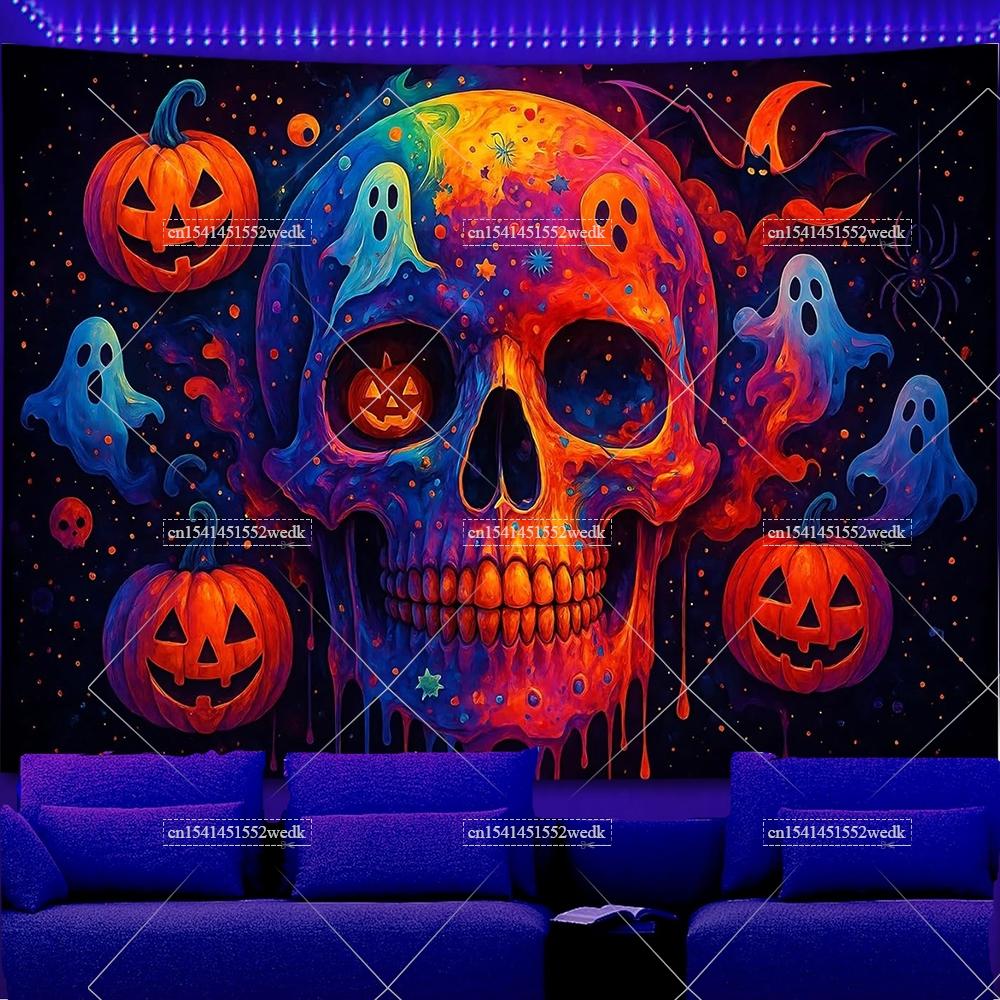 Halloween Pumpkins Skull Blacklight Tapestry UV Reactive Mexican Sugar Skull Tapestry Glow In The Dark Neon Backdrop Tapestrys